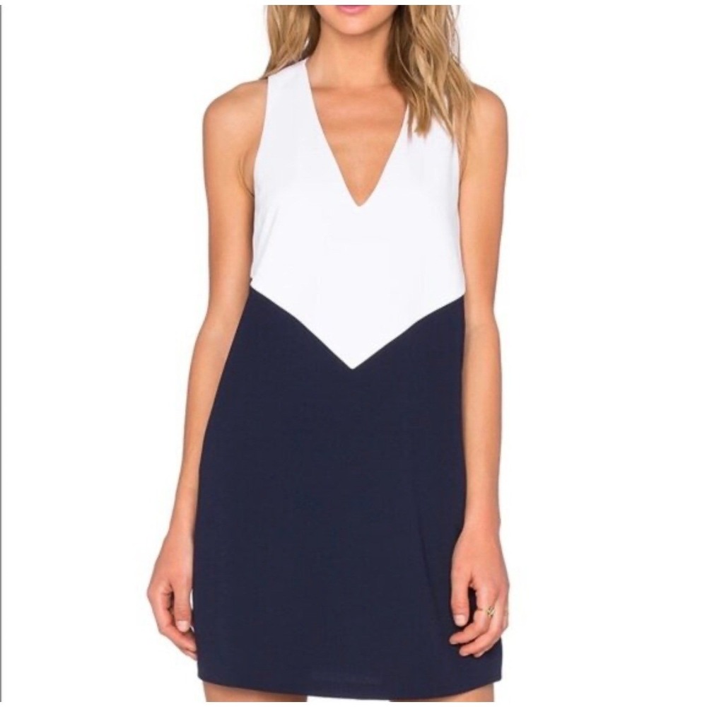 Alice + Olivia White Navy Colorblock V-Neck Cutout‎ Back Mini Dress  Large New